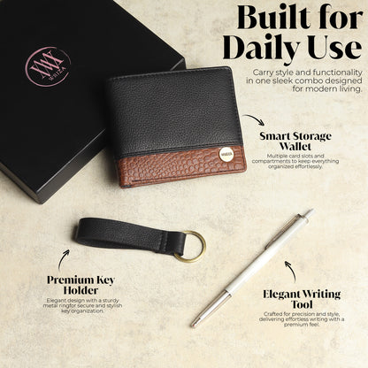 WRIZA Men's Genuine Leather Wallet, Pen & Keychain Gift Set | Premium Croc Texture Combo Box for Birthday, Anniversary & Corporate Gifting