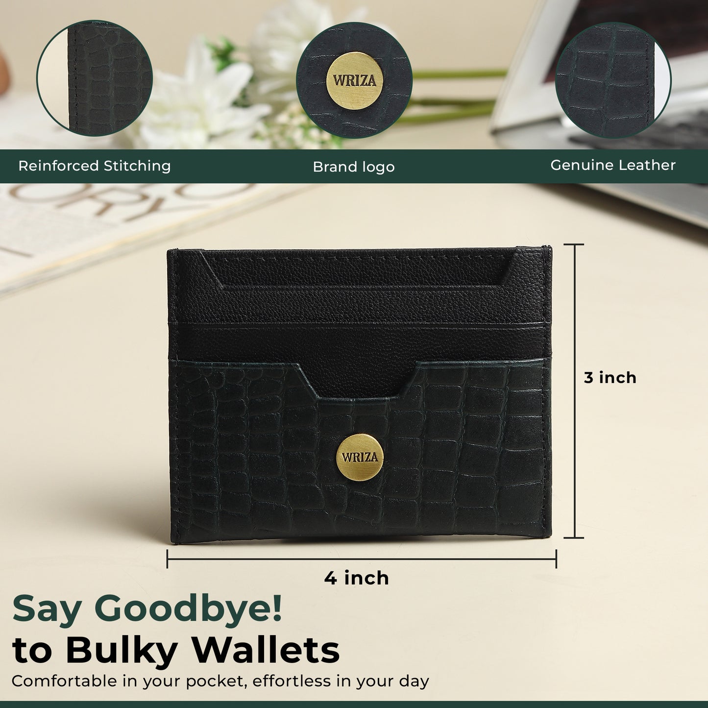WRIZA Handcrafted Genuine Leather RFID Protected Card Holder with 6 Card Slots