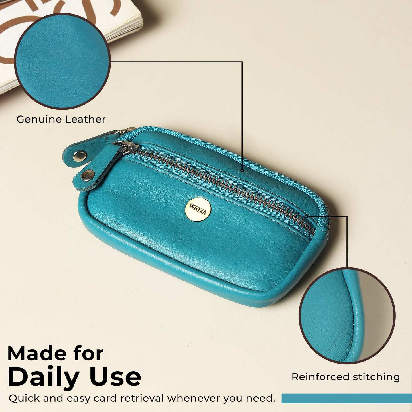 WRIZA Genuine Leather Coin Purse for Women | Mini Key Pouch with Zipper & Keychain Holder