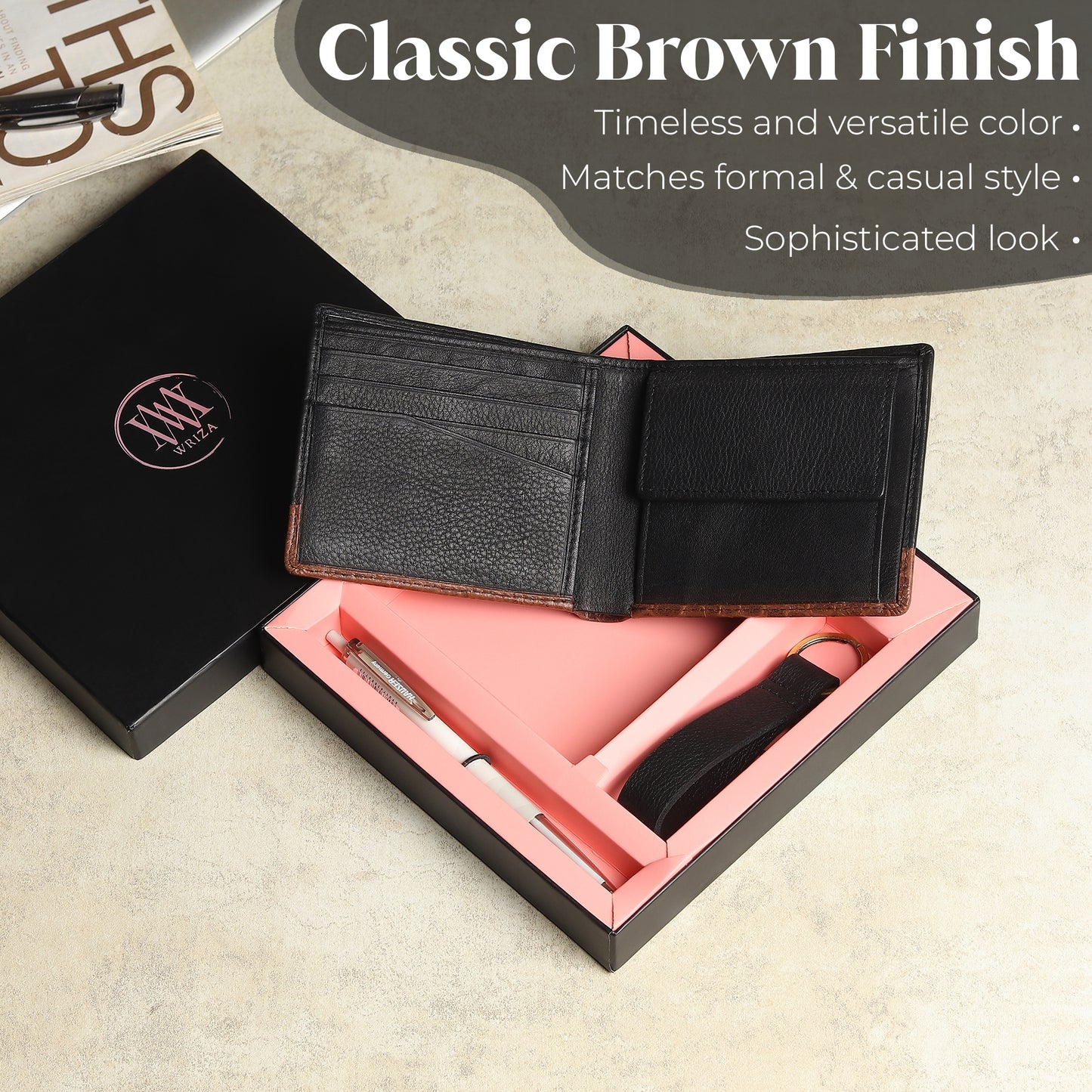 WRIZA Men's Genuine Leather Wallet, Pen & Keychain Gift Set | Premium Croc Texture Combo Box for Birthday, Anniversary & Corporate Gifting