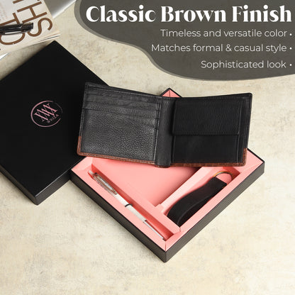 WRIZA Men's Genuine Leather Wallet, Pen & Keychain Gift Set | Premium Croc Texture Combo Box for Birthday, Anniversary & Corporate Gifting