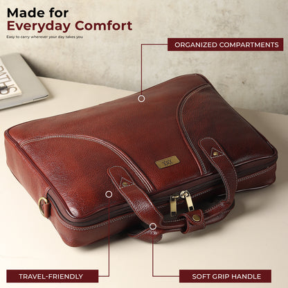 WRIZA Premium Genuine Leather Laptop Bag for Men | 15.6 inch Professional Office Messenger Bag with Adjustable Strap - Brown