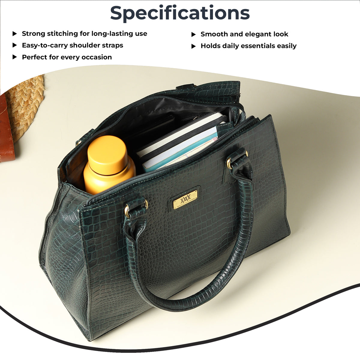 WRIZA Women's Genuine Leather Handbag | Emerald Green Crocodile Textured Tote for Office & Casual Use | Multi-Compartment Satchel Bag with Top Handle