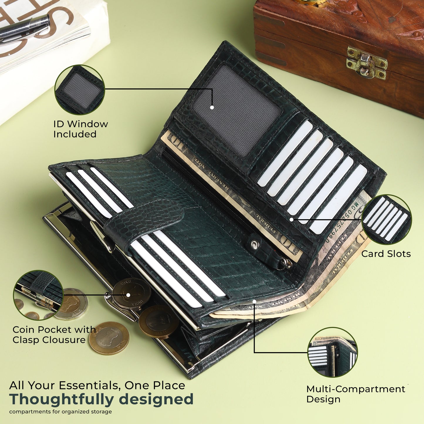WRIZA Women's Genuine Leather Croco Textured Clutch Wallet | 10 Card Slots, 4 Compartments & Coin Pocket | Emerald Green
