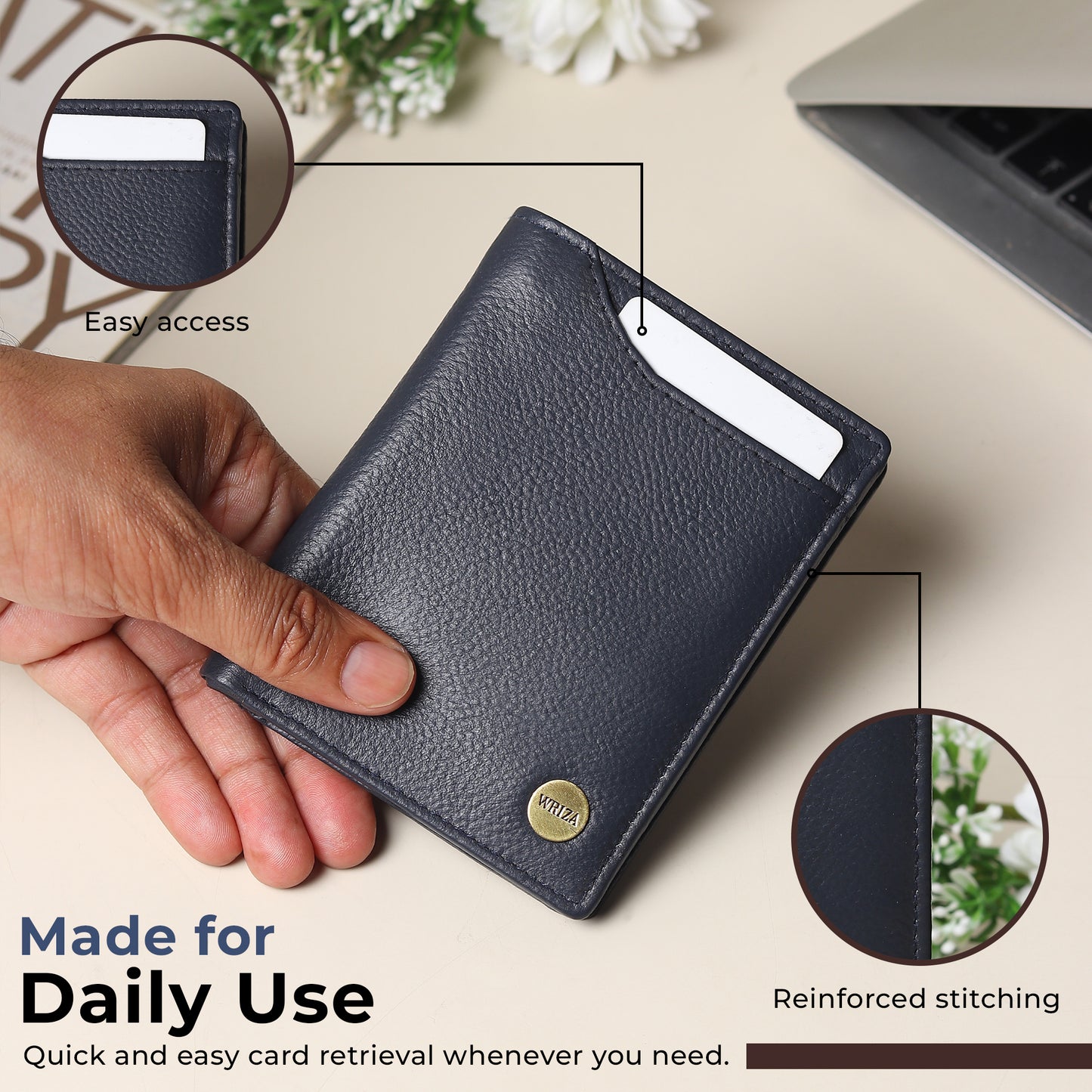WRIZA Men's Genuine Leather Wallet|Navy Blue RFID Blocking Leather Wallet for Men with Hidden Zip & Coin Pocket | Slim Credit Card Holder Business Wallet
