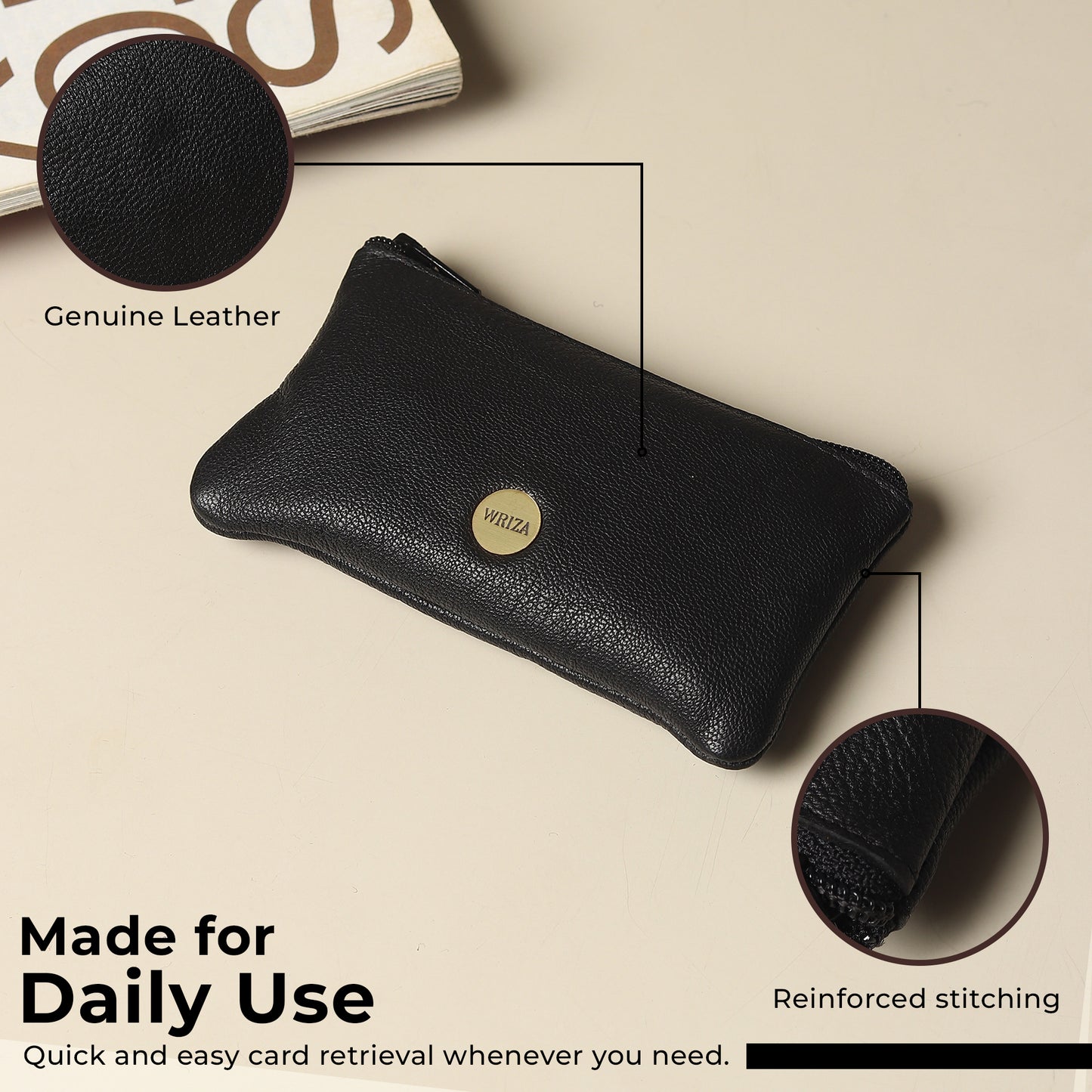 WRIZA Premium Handcrafted Genuine Leather Key Pouch with Zipper & Metallic Ring | Slim Keychain Case for Men & Women