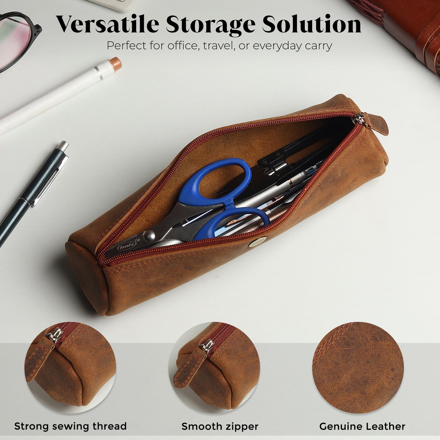 WRIZA Handcrafted Genuine Leather Pen & Pencil Case | Vintage Brown Stationary Pouch & Travel Organizer for Professionals, Students, and Artists | Slim Premium Pen Holder Case
