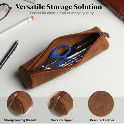 WRIZA Handcrafted Genuine Leather Pen & Pencil Case | Vintage Brown Stationary Pouch & Travel Organizer for Professionals, Students, and Artists | Slim Premium Pen Holder Case