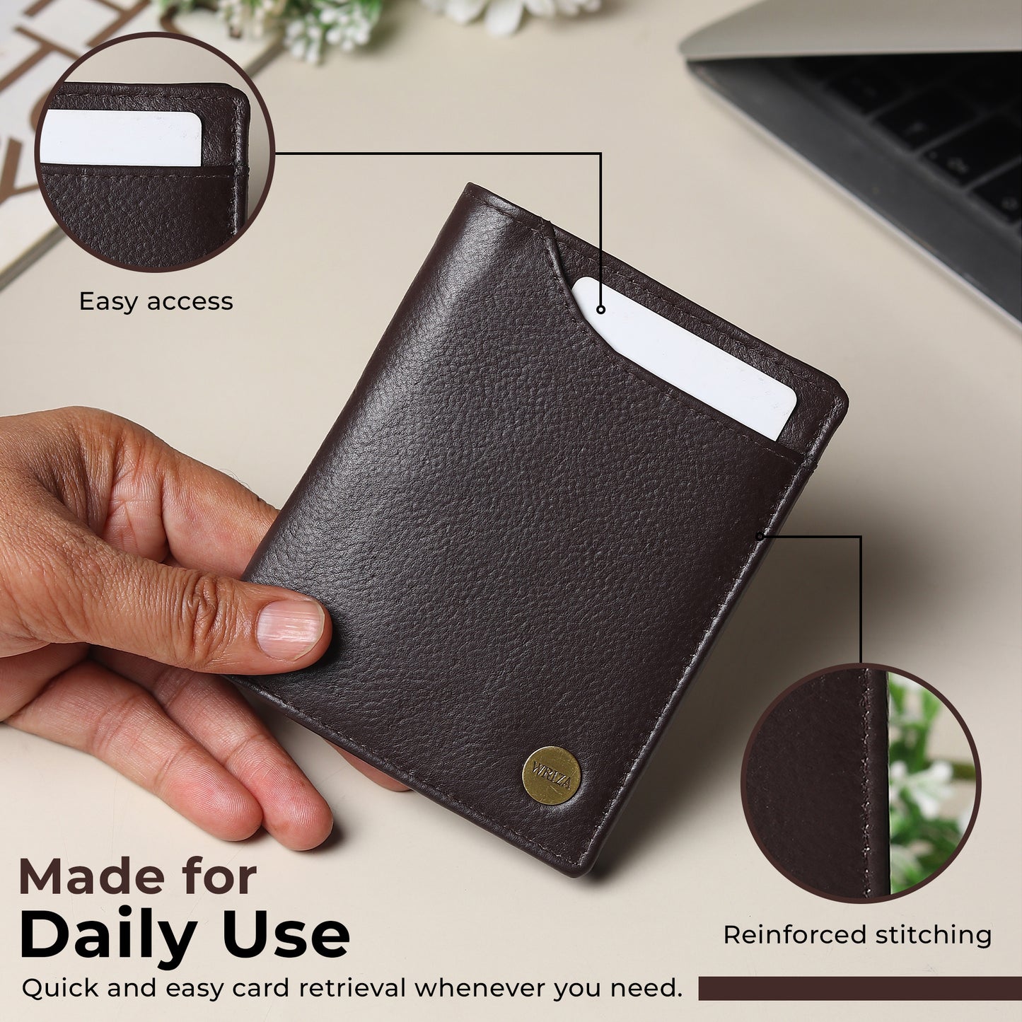WRIZA Men's Genuine Leather Wallet|Brown RFID Blocking Leather Wallet for Men with Hidden Zip & Coin Pocket | Slim Credit Card Holder Business Wallet