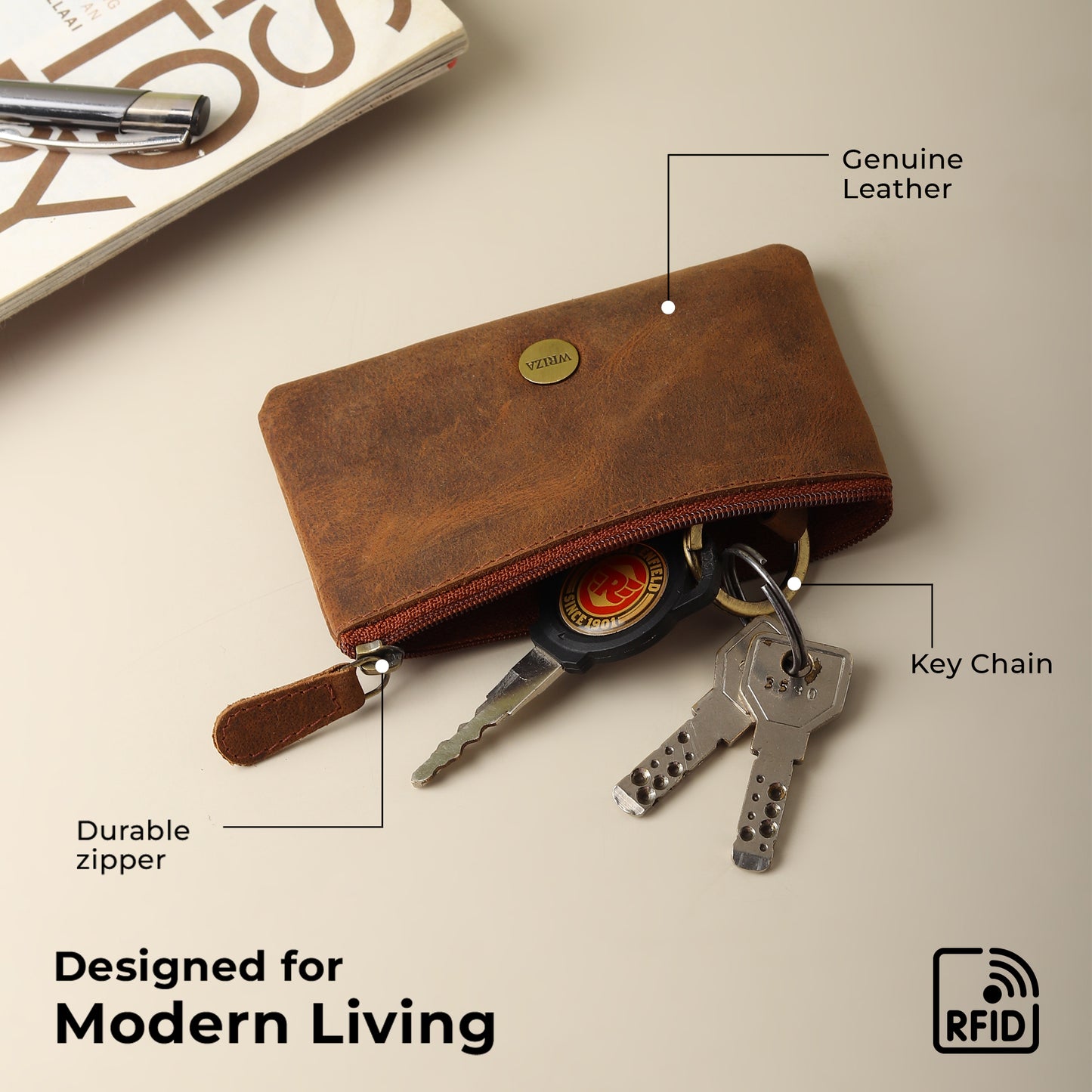 WRIZA Premium Handcrafted Genuine Leather Key Pouch with Zipper & Metallic Ring | Slim Keychain Case for Men & Women