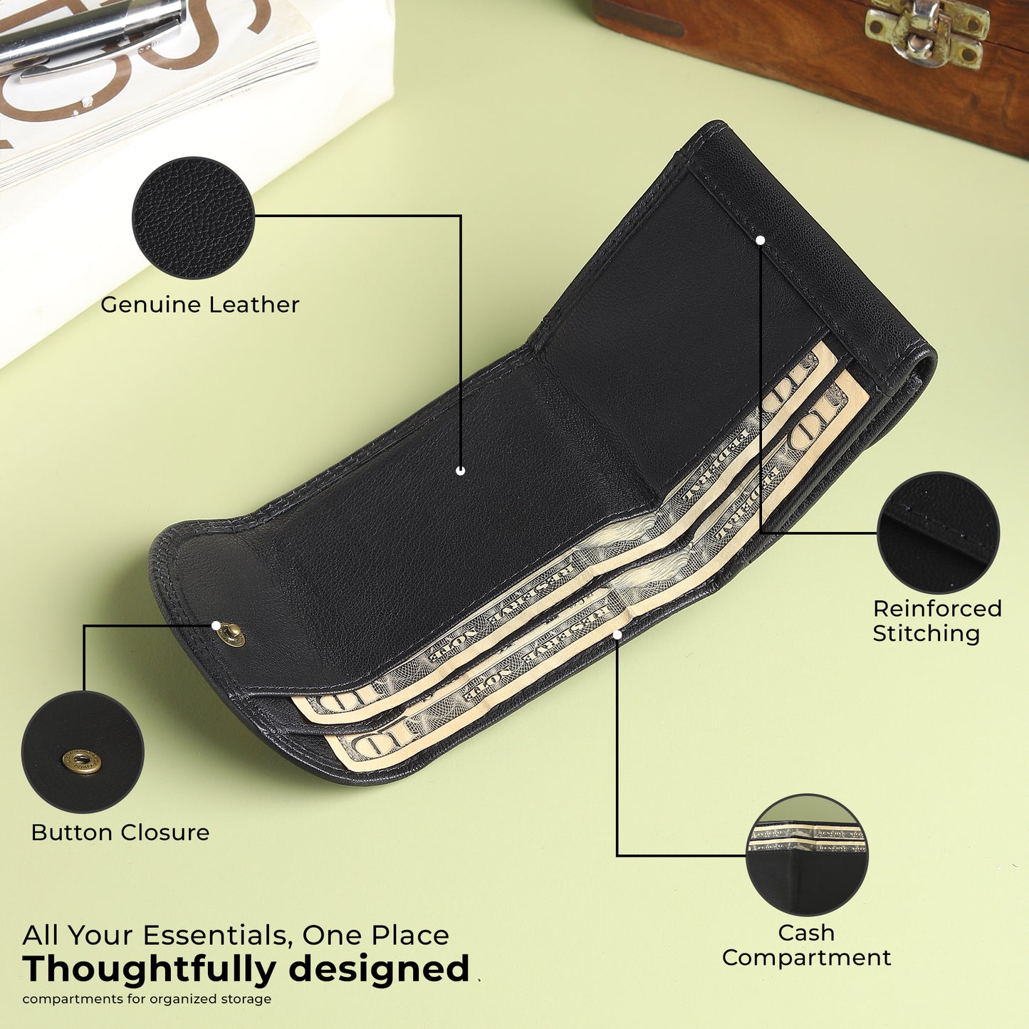WRIZA Genuine Leather Wallet for Women | Textured Black Small Purse with Multiple Card Slots and Coin Pocket | Compact Handheld Organizer for Ladies