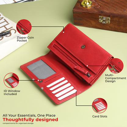 WRIZA Genuine Leather Women’s Wallet with RFID Protection | Stylish Red Clutch Purse with Multiple Card Slots, Coin Pocket & Spacious Compartment for Ladies