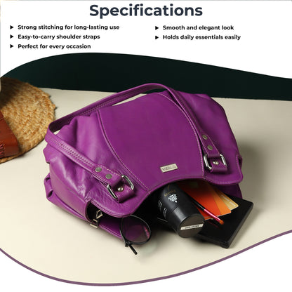 WRIZA Luxury Purple Genuine Leather Handbag for Women | Premium Textured Shoulder Bag with Multiple Zip Compartments | Stylish Ladies Purse for Office & Casual Use | Durable Top-Handle Satchel