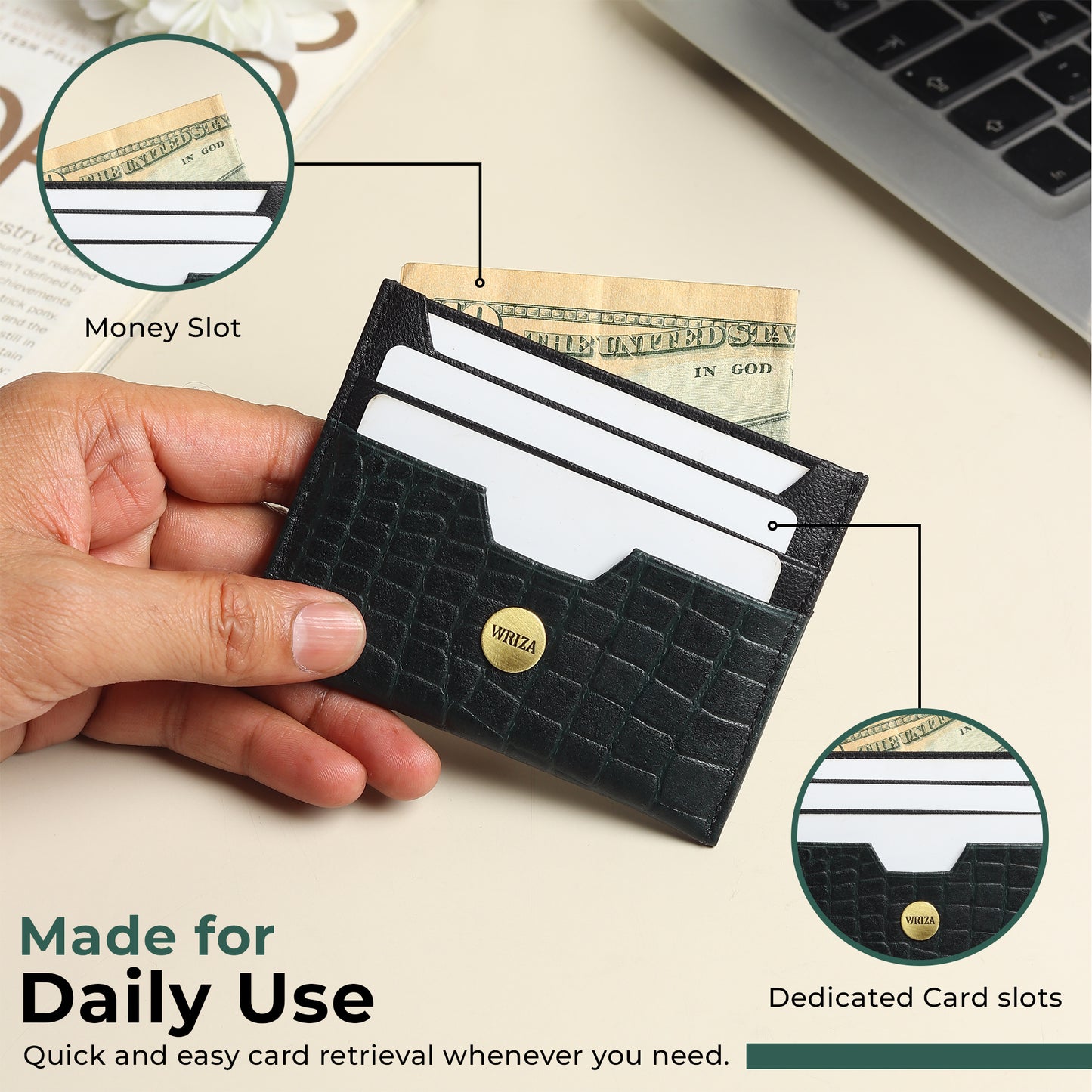 WRIZA Handcrafted Genuine Leather RFID Protected Card Holder with 6 Card Slots