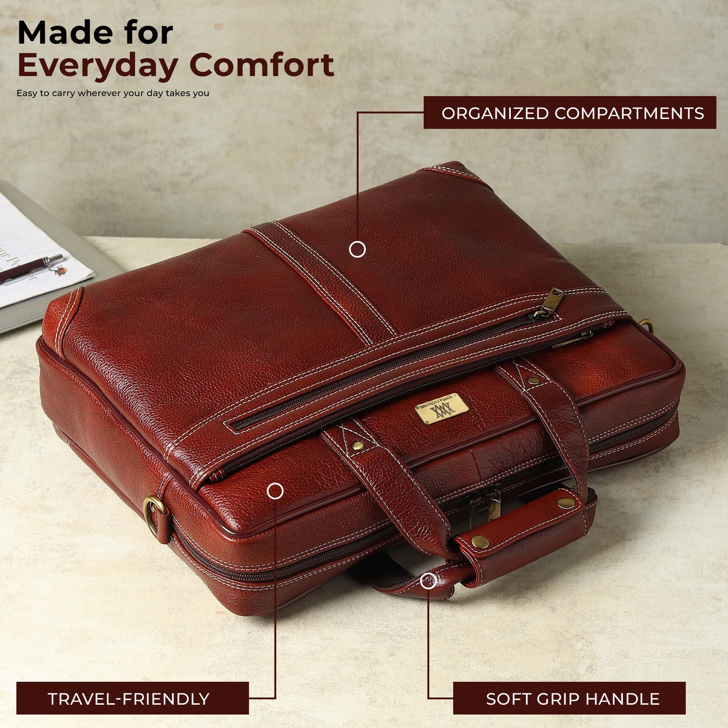 WRIZA Premium Genuine Leather Laptop Bag for Men | 15.6 Inch Office Messenger Bag with Padded Laptop Compartment & Adjustable Shoulder Strap