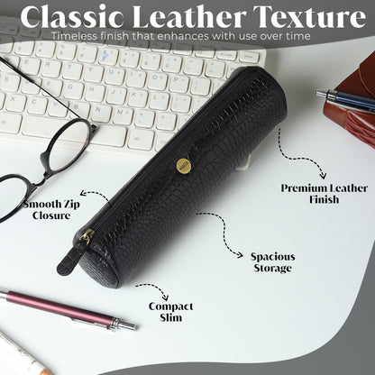 WRIZA Handcrafted Genuine Leather Pen & Pencil Case | Vintage Black Stationary Pouch & Travel Organizer for Professionals, Students, and Artists | Slim Premium Pen Holder Case
