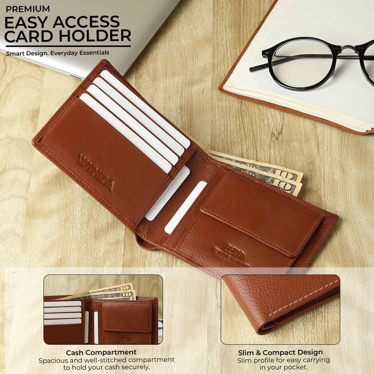 WRIZA Premium Genuine Leather Bi-fold Wallet for Men | Handcrafted Leather Slim Wallet with Coin Pocket, 2 Currency Compartments, and Multiple Credit Card Slots | Elegant Gift Box Included (Rust)