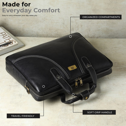 WRIZA Premium Genuine Leather Laptop Bag for Men | 15.6 inch Professional Office Messenger Bag with Adjustable Strap - Black