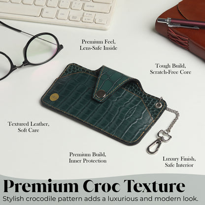 WRIZA Handcrafted Genuine Leather Croc-Embossed Spectacle Cover - Slim Eyeglass Case with Keychain Hook, Portable Sun Glass Pouch for Travel, Forest Green