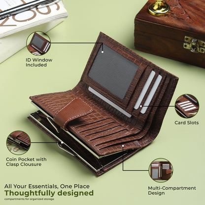 WRIZA Genuine Leather Clutch for Women | Croco Pattern Leather Wallet with 7 Card Slots & 3 Compartments | Slim Travel Purse for Women (Brown)