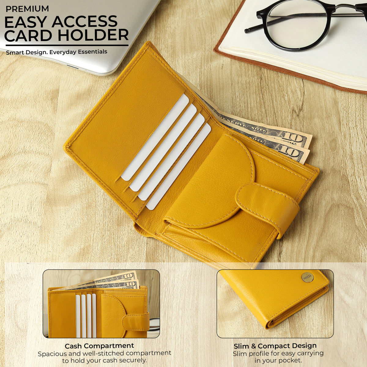 WRIZA Women Mustard Yellow Genuine Leather Two Fold Wallet | Small Purse with Coin Pocket