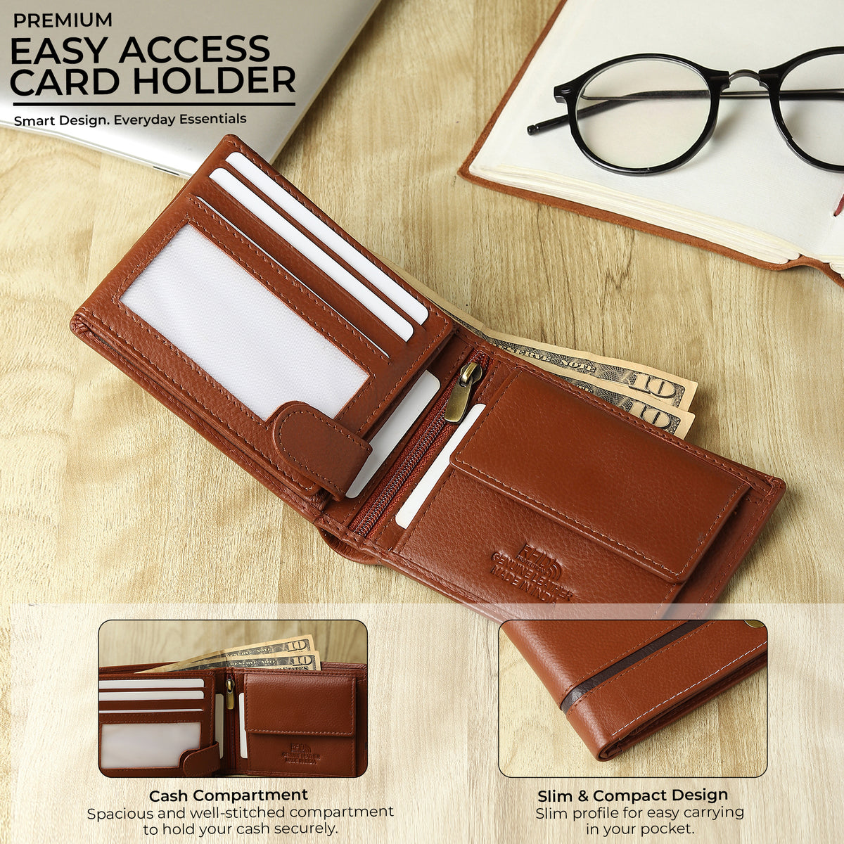 WRIZA Men’s Genuine Leather Bifold Wallet | Premium Textured Finish with Coin Pocket, 2 Currency Compartments & Multiple ID Card Slots | Stylish & Slim Casual Business Wallet for Men (Tan)
