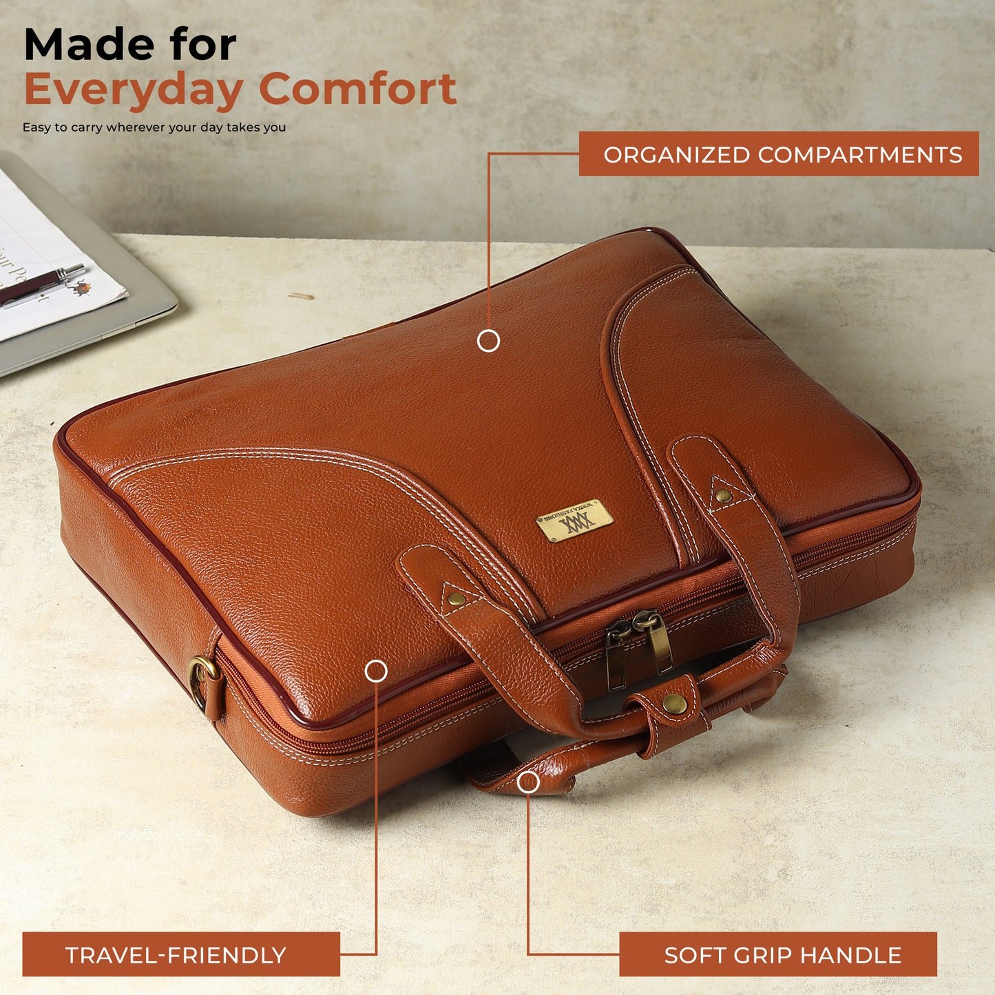 WRIZA Premium Genuine Leather Laptop Bag for Men | 15.6 inch Professional Office Messenger Bag with Adjustable Strap - Tan