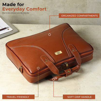 WRIZA Premium Genuine Leather Laptop Bag for Men | 15.6 inch Professional Office Messenger Bag with Adjustable Strap - Tan