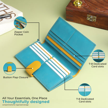 WRIZA Women's Genuine Leather RFID Blocking Wallet with 16 Card Slots & Zipper Pocket
