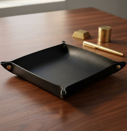 WRIZA Handcrafted Genuine Leather Valet Tray | Foldable Desk Organizer Catchall for Keys, Wallet, Phone & Office Stationery