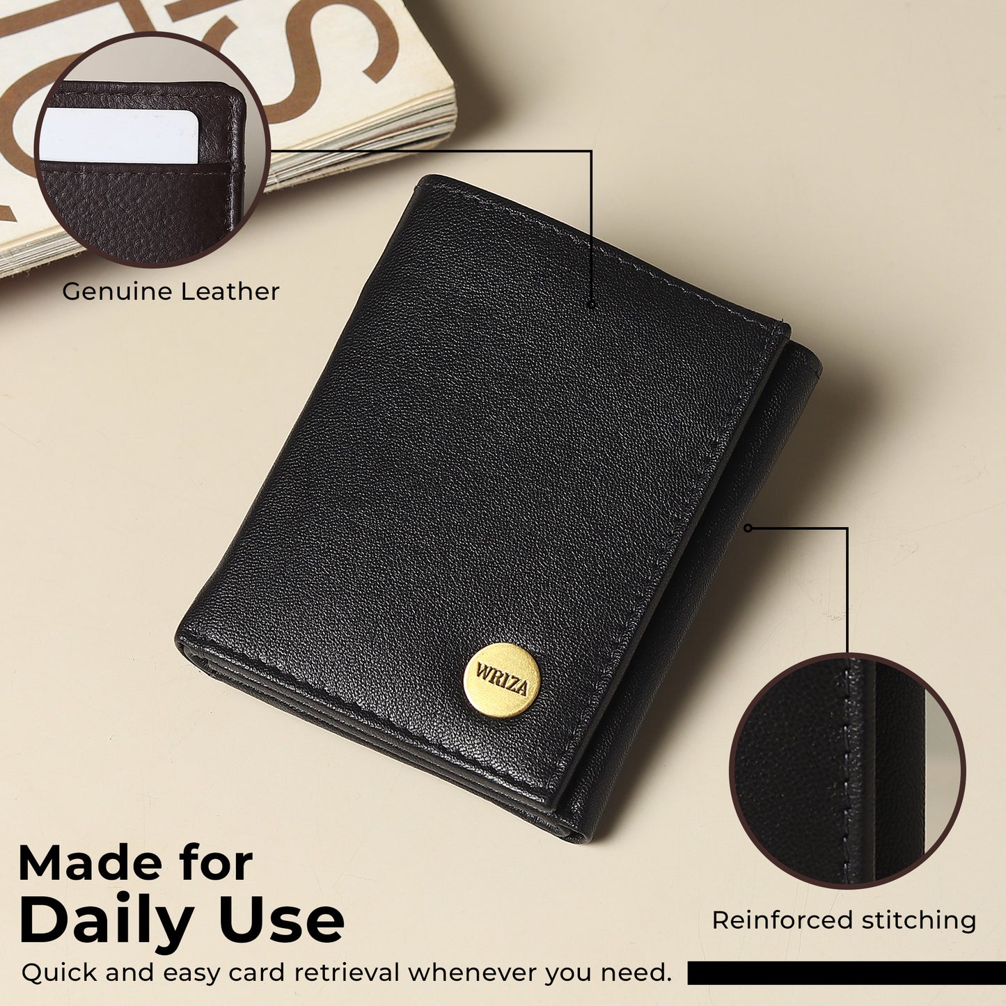 WRIZA Men's Genuine Leather Slim Tri-fold Wallet with RFID Protection, 6 Card Slots, and Zipper Coin Pocket | Minimalist Pebbled Leather Purse for Men (Black)