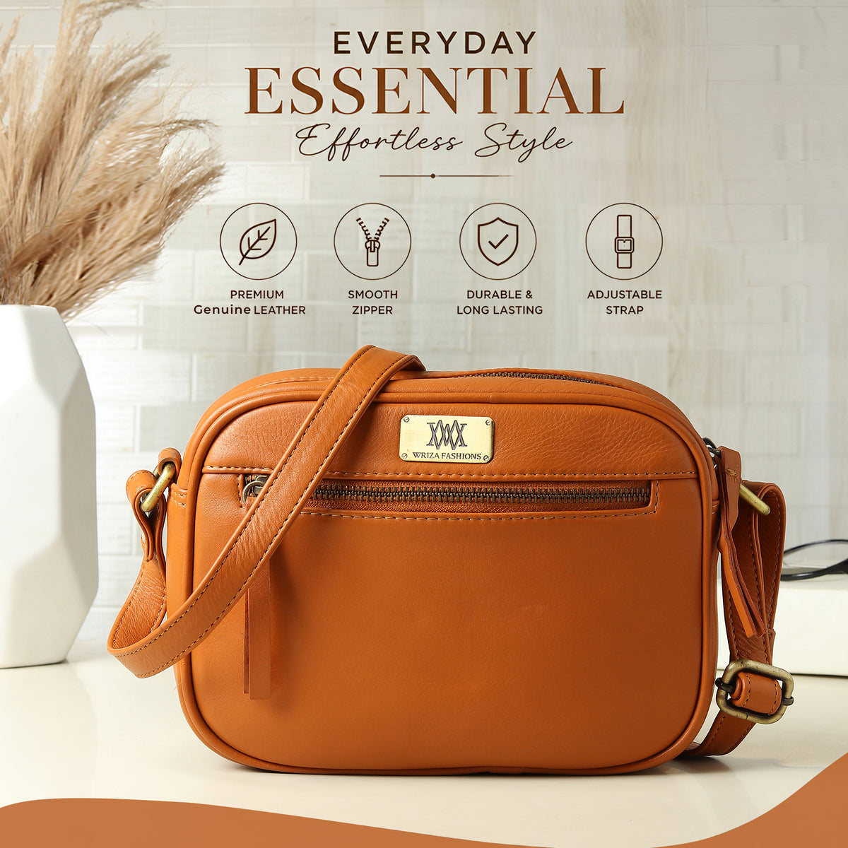 WRIZA Women’s Mustard Genuine Leather Sling Bag | Adjustable Strap Crossbody Purse