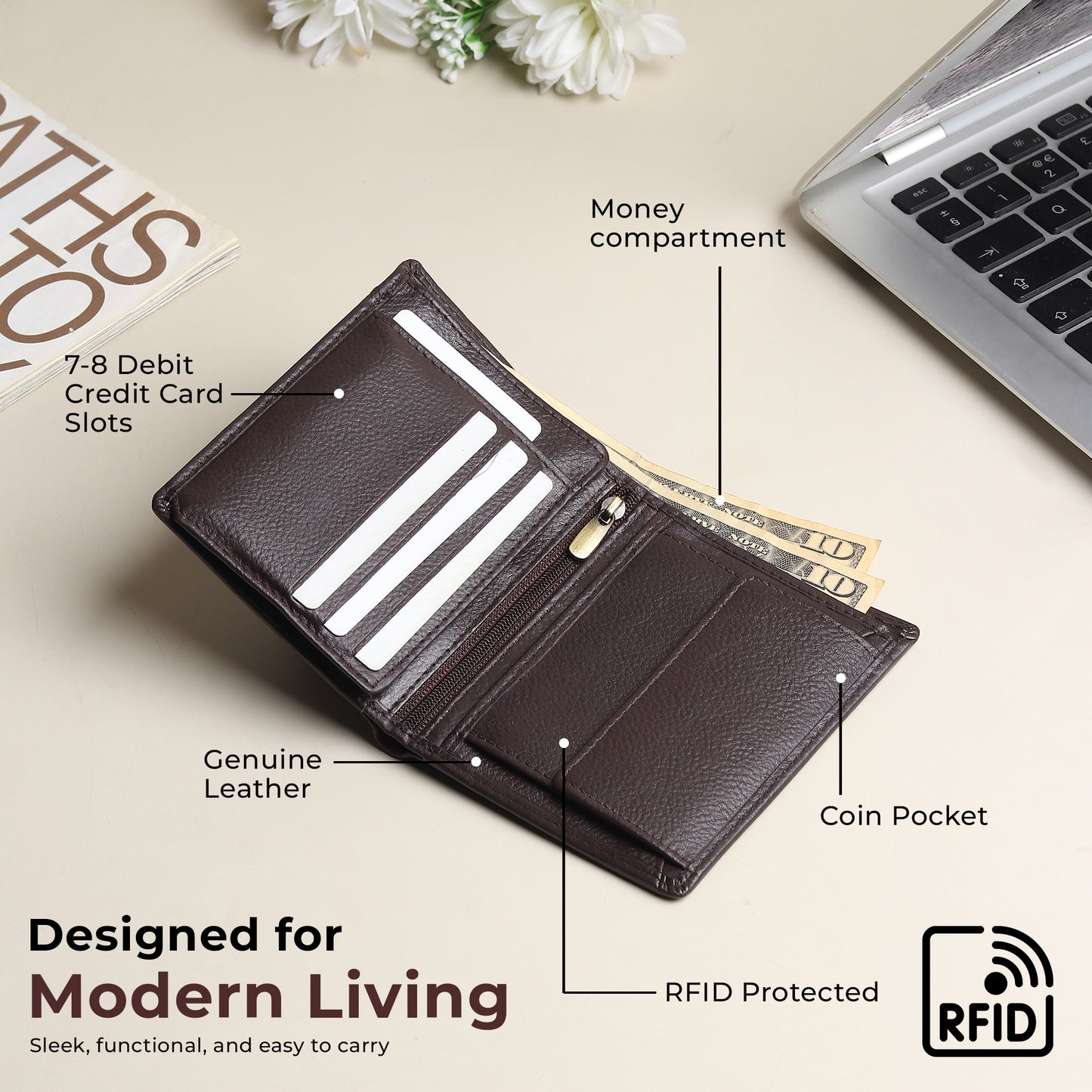 WRIZA Men's Genuine Leather Wallet|Brown RFID Blocking Leather Wallet for Men with Hidden Zip & Coin Pocket | Slim Credit Card Holder Business Wallet