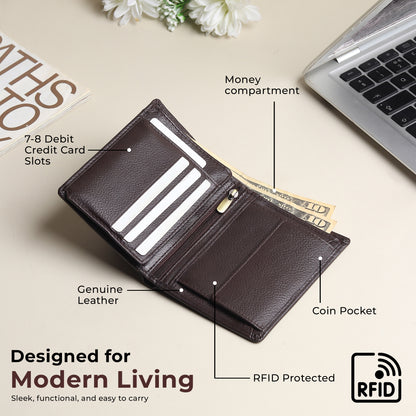 WRIZA Men's Genuine Leather Wallet|Brown RFID Blocking Leather Wallet for Men with Hidden Zip & Coin Pocket | Slim Credit Card Holder Business Wallet
