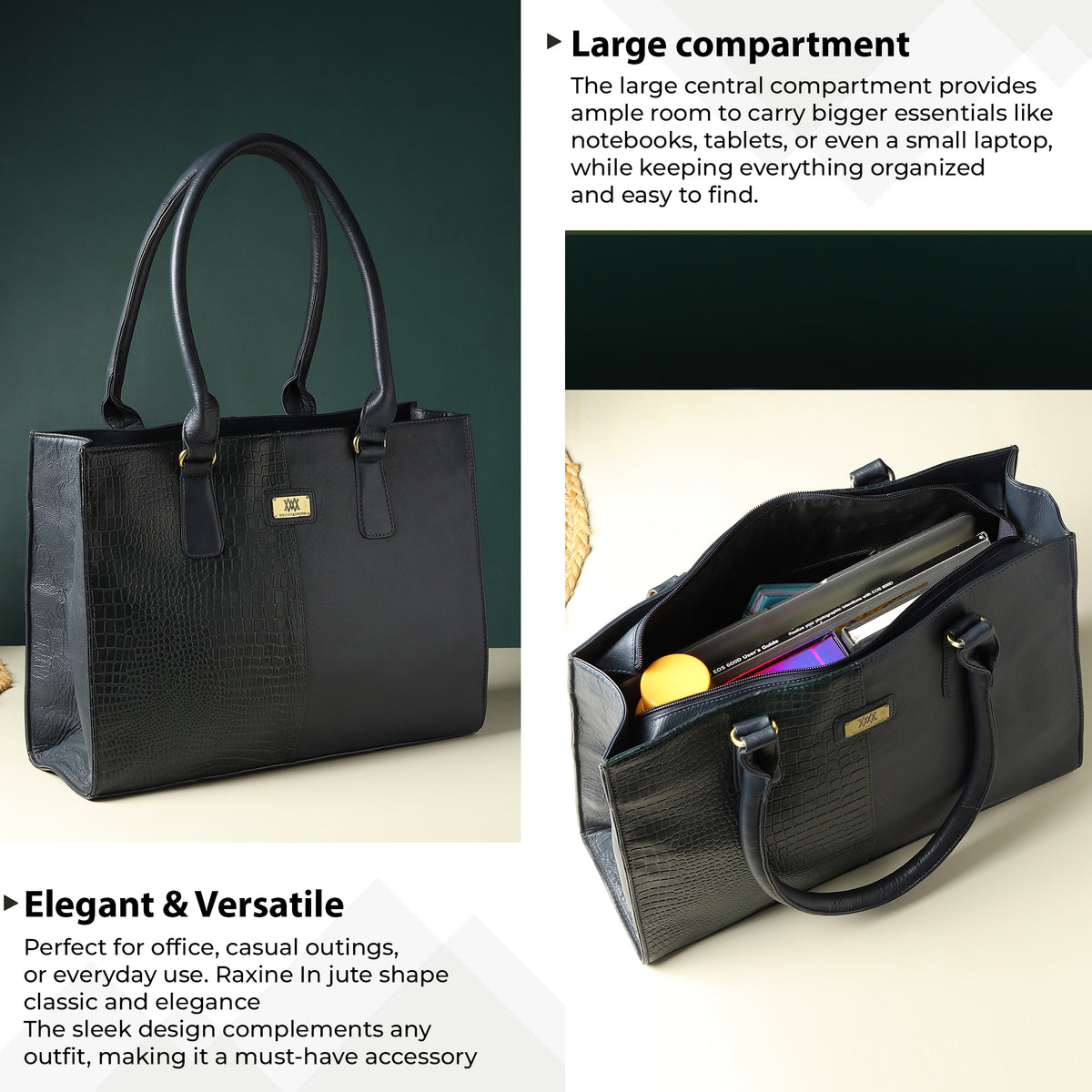 WRIZA Genuine Leather Handbag for Women | Dark Blue & Green Croco Textured Tote Bag for Office & Travel | Large Multipurpose Shoulder Bag Fits Laptop & Bottle