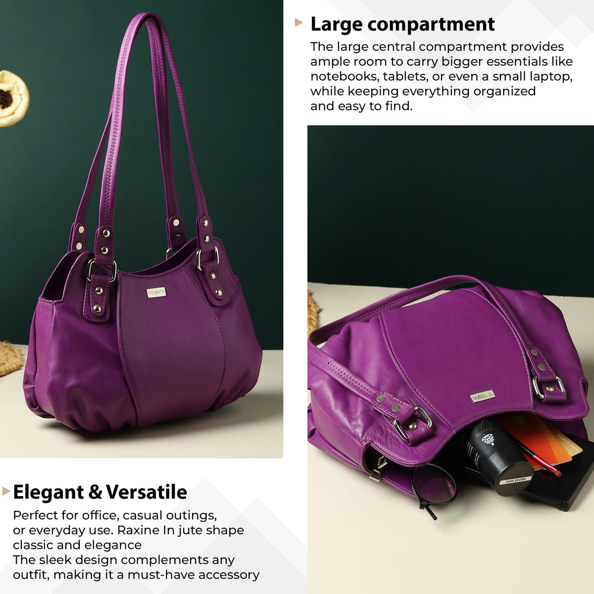 WRIZA Luxury Purple Genuine Leather Handbag for Women | Premium Textured Shoulder Bag with Multiple Zip Compartments | Stylish Ladies Purse for Office & Casual Use | Durable Top-Handle Satchel
