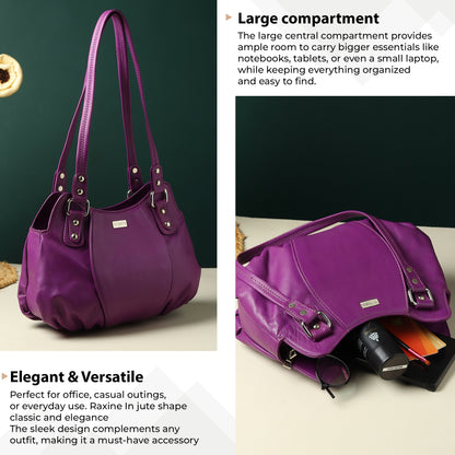 WRIZA Luxury Purple Genuine Leather Handbag for Women | Premium Textured Shoulder Bag with Multiple Zip Compartments | Stylish Ladies Purse for Office & Casual Use | Durable Top-Handle Satchel