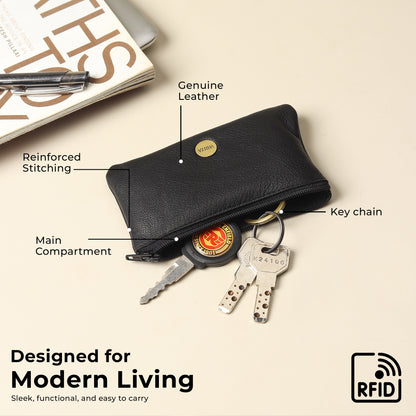 WRIZA Premium Handcrafted Genuine Leather Key Pouch with Zipper & Metallic Ring | Slim Keychain Case for Men & Women