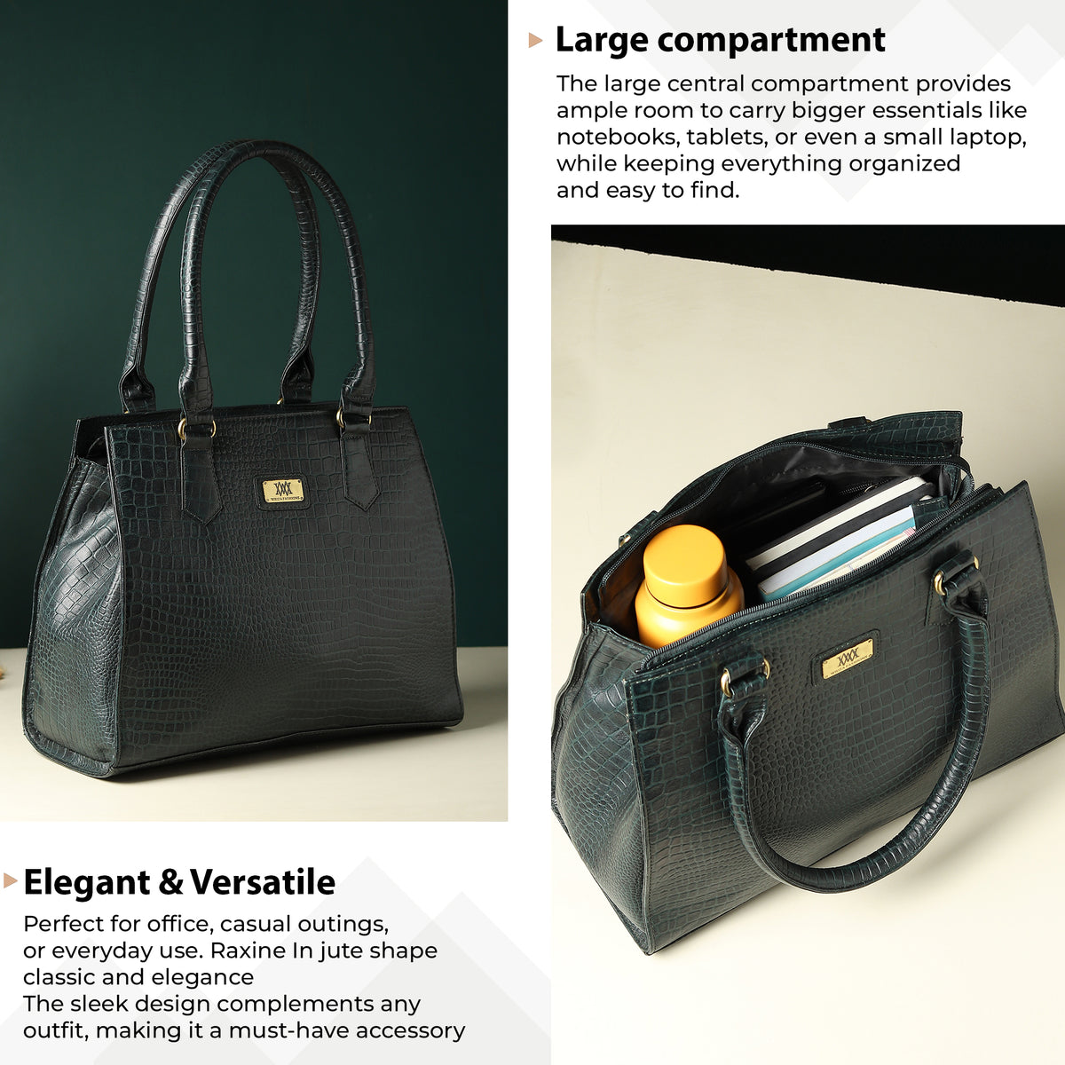 WRIZA Women's Genuine Leather Handbag | Emerald Green Crocodile Textured Tote for Office & Casual Use | Multi-Compartment Satchel Bag with Top Handle