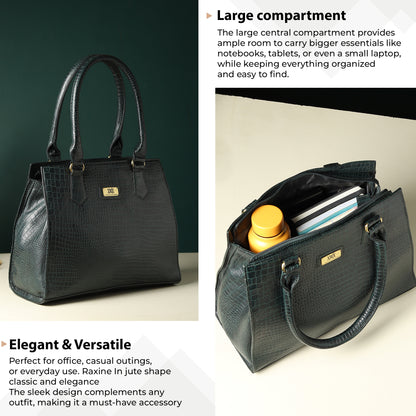 WRIZA Women's Genuine Leather Handbag | Emerald Green Crocodile Textured Tote for Office & Casual Use | Multi-Compartment Satchel Bag with Top Handle