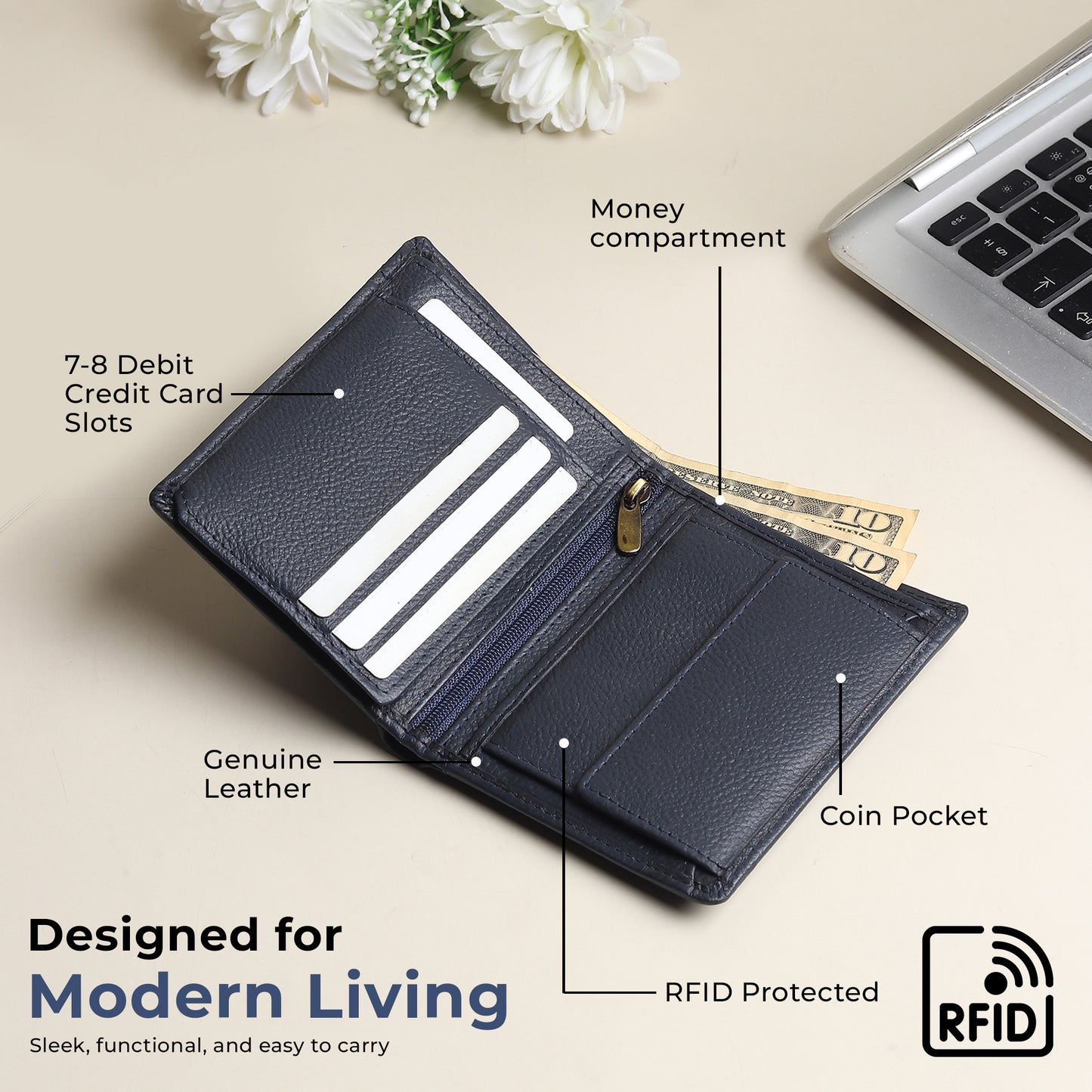WRIZA Men's Genuine Leather Wallet|Navy Blue RFID Blocking Leather Wallet for Men with Hidden Zip & Coin Pocket | Slim Credit Card Holder Business Wallet