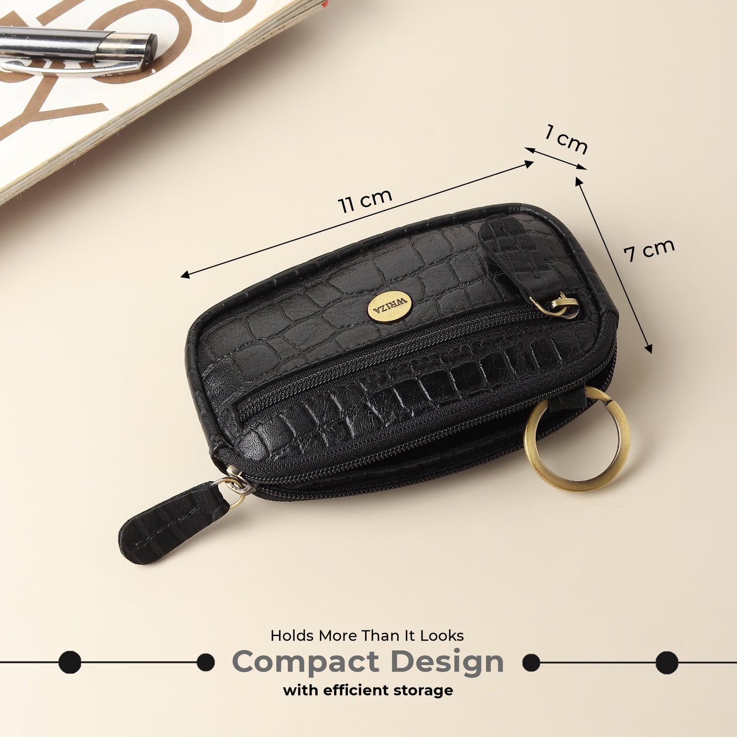 WRIZA Genuine Leather Coin Purse for Women | Mini Key Pouch with Zipper & Keychain Holder