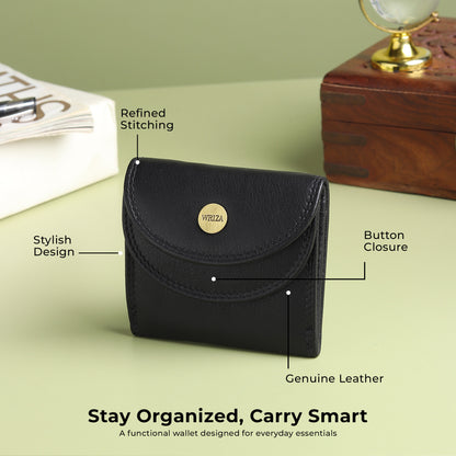 WRIZA Genuine Leather Wallet for Women | Textured Black Small Purse with Multiple Card Slots and Coin Pocket | Compact Handheld Organizer for Ladies