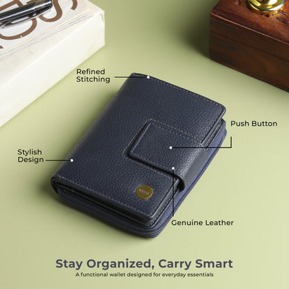 WRIZA Women's Genuine Leather Wallet | Navy Blue RFID Protected Clutch Purse with 9 Card Slots, ID Window & Zipper Coin Pocket for Gifting