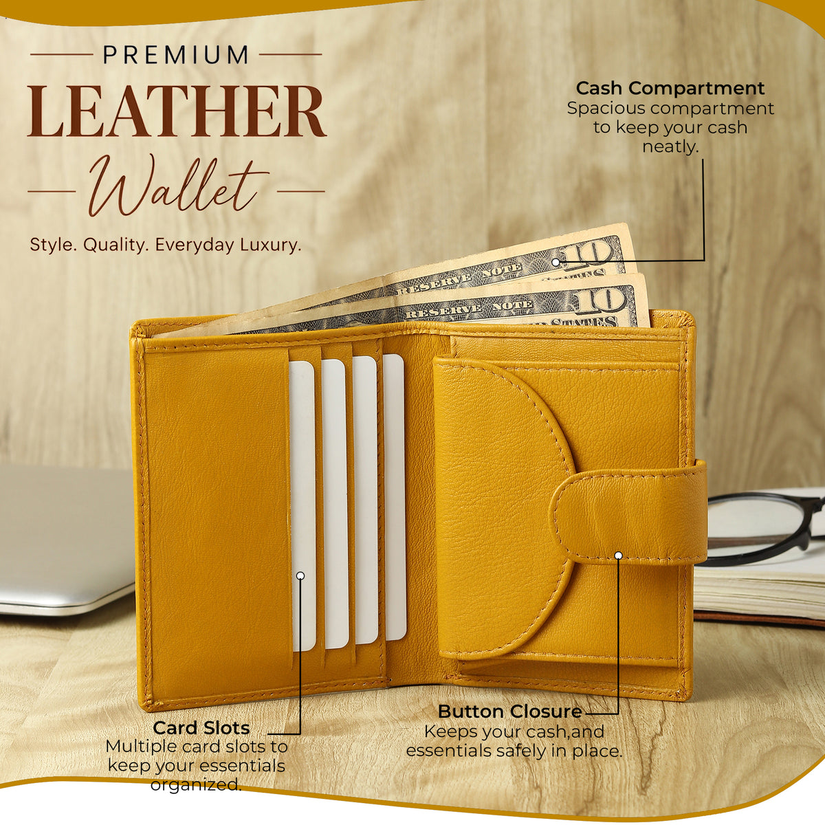 WRIZA Women Mustard Yellow Genuine Leather Two Fold Wallet | Small Purse with Coin Pocket