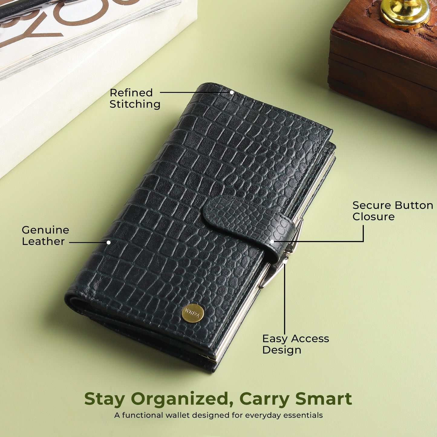 WRIZA Women's Genuine Leather Croco Textured Clutch Wallet | 10 Card Slots, 4 Compartments & Coin Pocket | Emerald Green