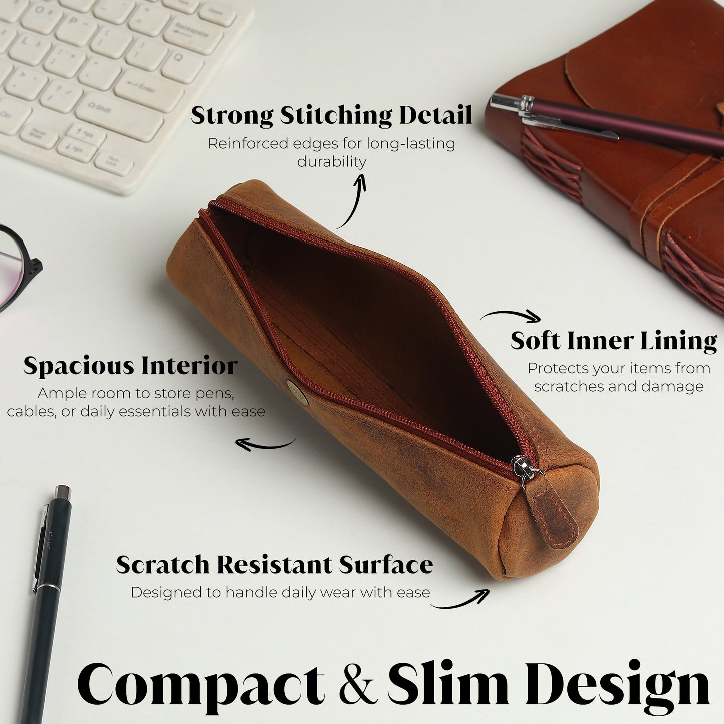WRIZA Handcrafted Genuine Leather Pen & Pencil Case | Vintage Brown Stationary Pouch & Travel Organizer for Professionals, Students, and Artists | Slim Premium Pen Holder Case
