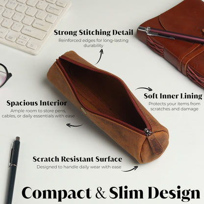 WRIZA Handcrafted Genuine Leather Pen & Pencil Case | Vintage Brown Stationary Pouch & Travel Organizer for Professionals, Students, and Artists | Slim Premium Pen Holder Case