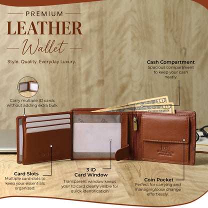 WRIZA Men’s Genuine Leather Bifold Wallet | Premium Textured Finish with Coin Pocket, 2 Currency Compartments & Multiple ID Card Slots | Stylish & Slim Casual Business Wallet for Men (Tan)