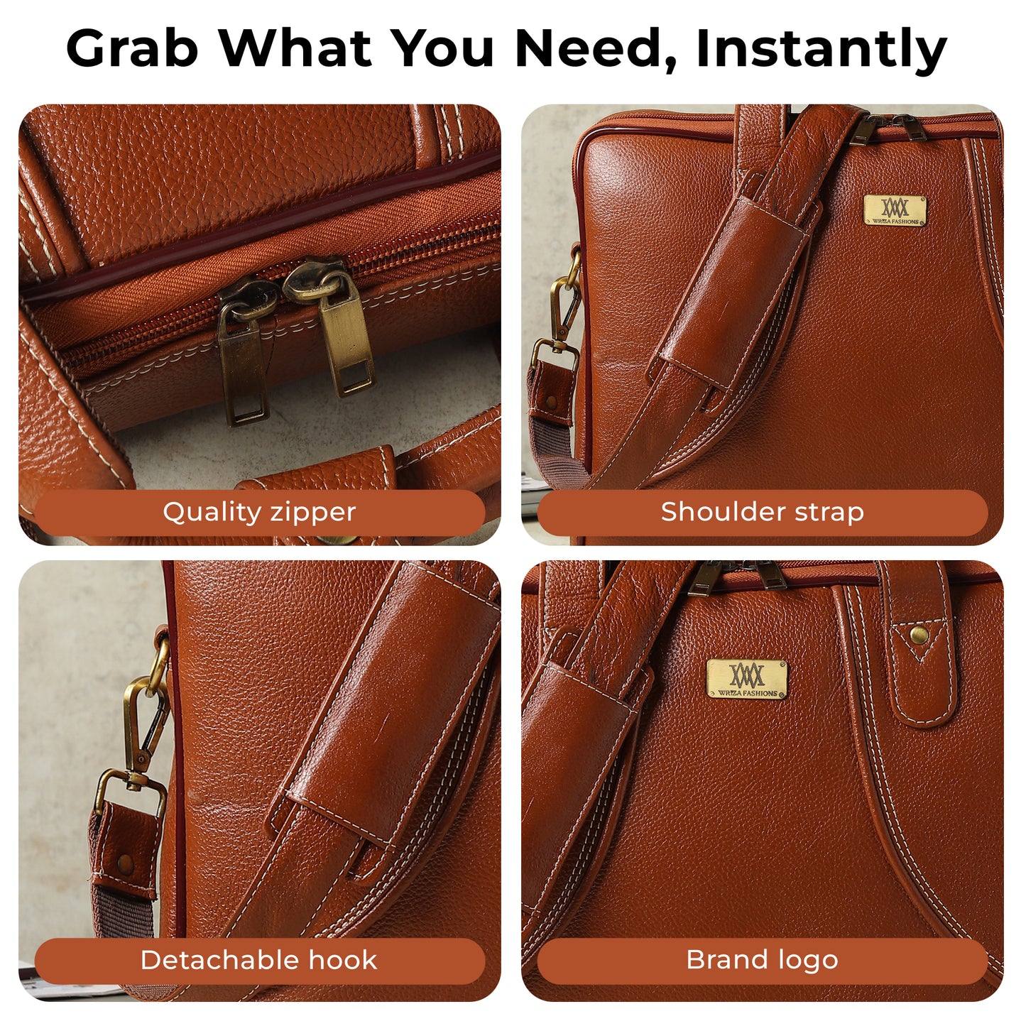 WRIZA Premium Genuine Leather Laptop Bag for Men | 15.6 inch Professional Office Messenger Bag with Adjustable Strap - Tan